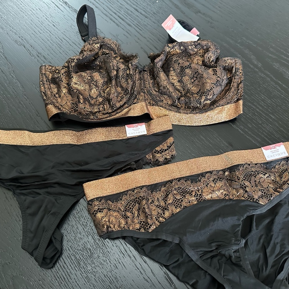 New!  Bronze & Black Lace Bra & 2 Panties set Bra 40G hipster 18/20 thong 18/20